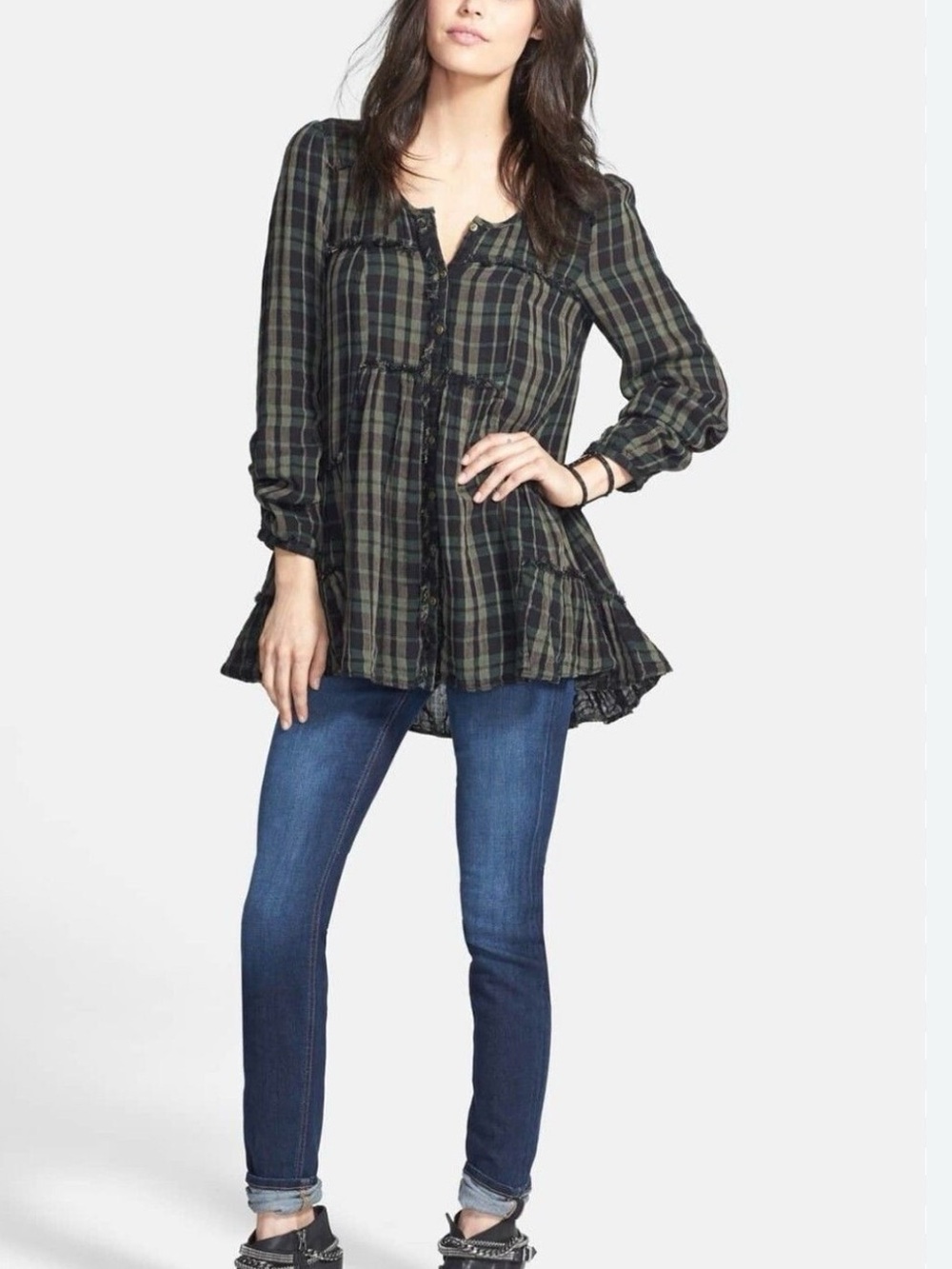 Free People Olive & Black Plaid Tiered Peasant Tunic